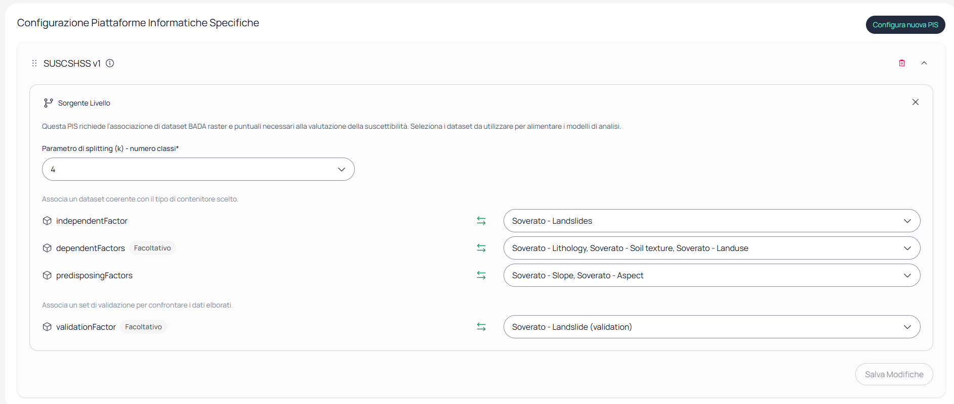 Form di configurazione della PIS SuscSHSS con i dataset selezionati