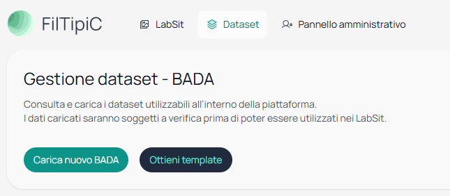 Pagina Dataset con il pulsante Ottieni Template