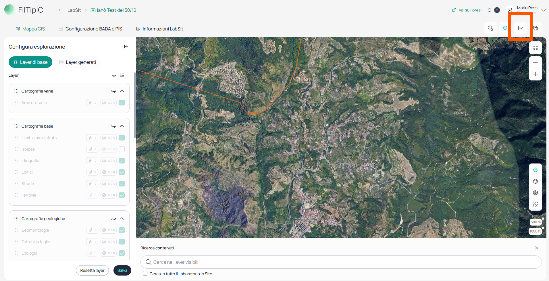 Barra strumenti mappa con l'icona Profilo Altimetrico evidenziata