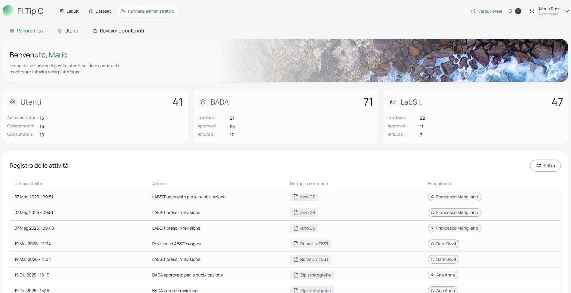 Dashboard con le statistiche di Utenti, BADA e LabSit e il Registro delle attività