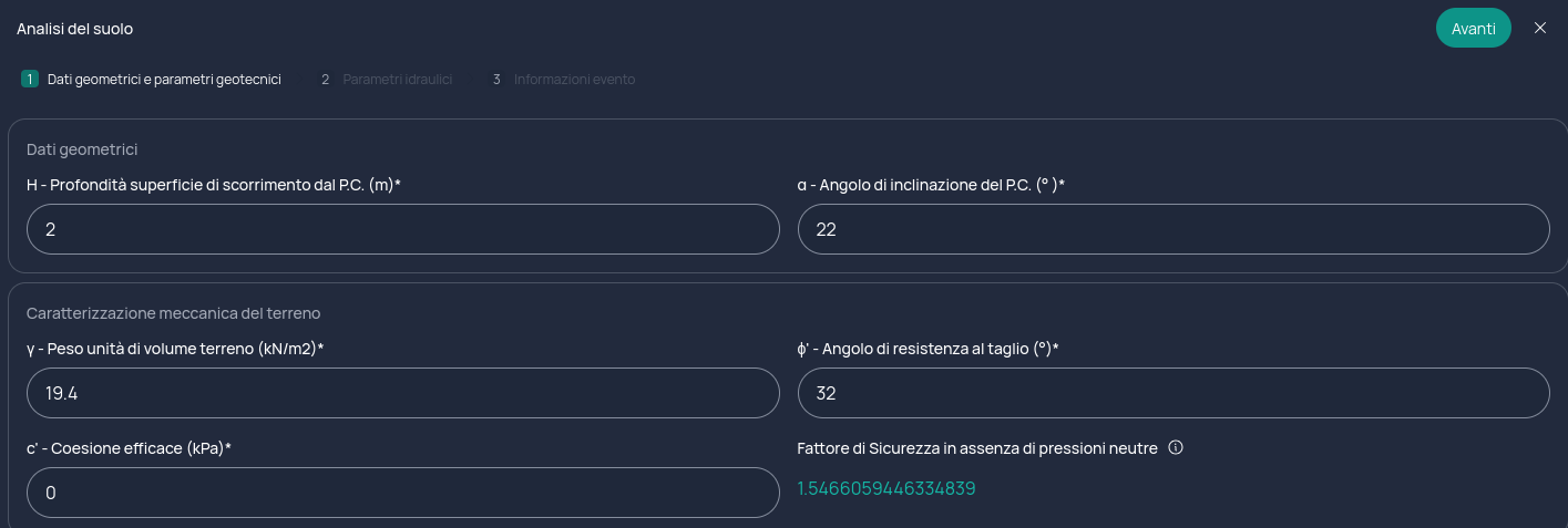 Form MODE-I con i campi dei dati geometrici e della caratterizzazione meccanica