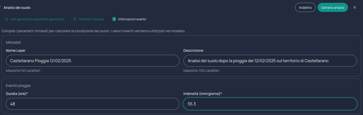 Sezione Evento pioggia con durata e intensità