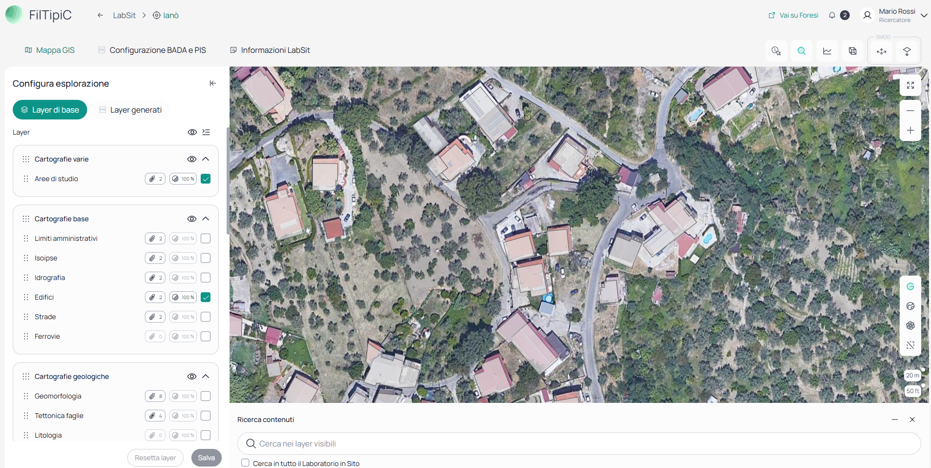 Vista Mappa GIS del LabSit con il pannello di configurazione layer