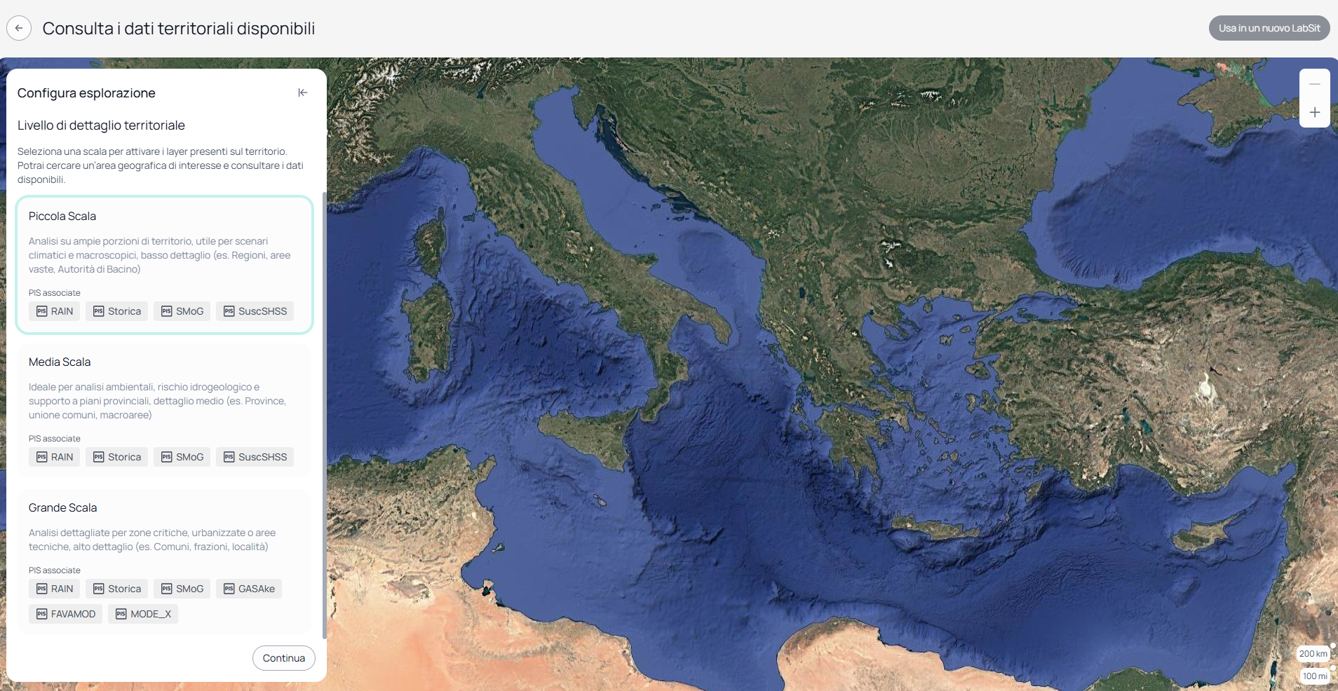 Pannello Configura esplorazione con selezione scala territoriale