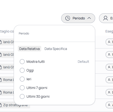 Menu filtro Periodo con le opzioni Data Relativa