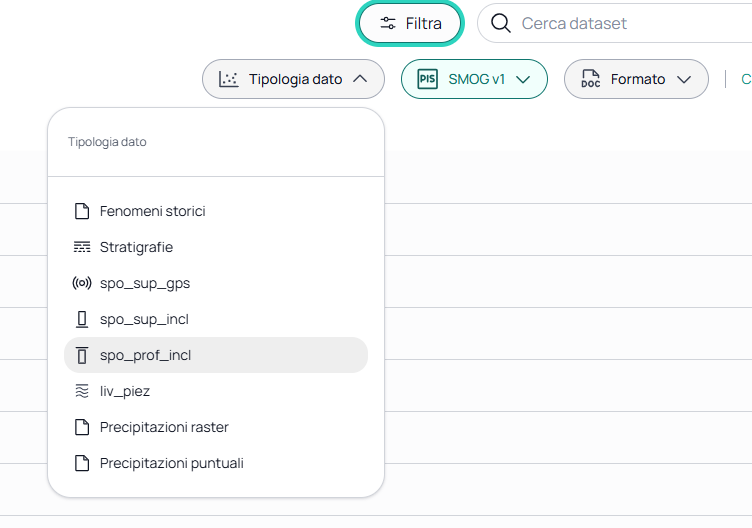 Filtro per tipologia di dato applicato per mostrare solo i template SMOG