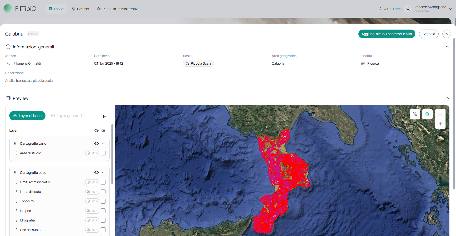 Pagina di anteprima di un LabSit pubblico con mappa e informazioni generali