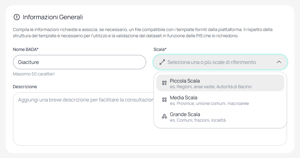 Campo Nome compilato con "Giaciture" e menu Scala aperto