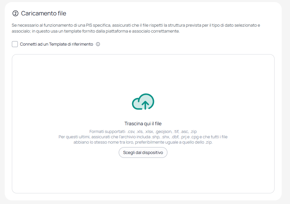 Area di trascinamento file con i formati supportati