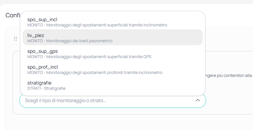 Menu a tendina con le componenti SMOG disponibili, opzione liv_piez evidenziata