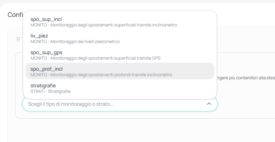 Menu a tendina con le componenti SMOG disponibili, opzione spo_prof_incl evidenziata