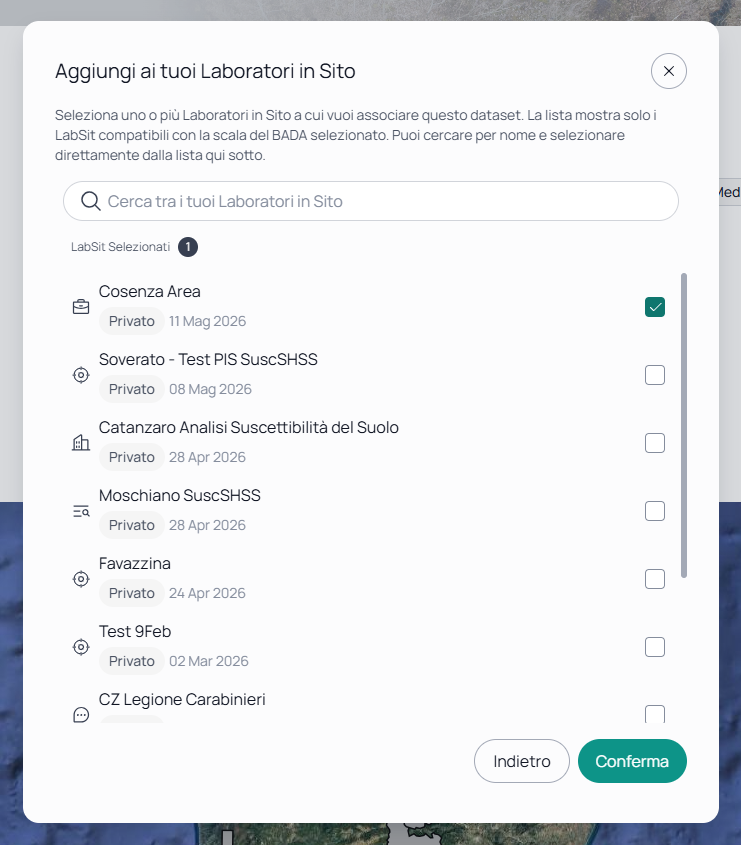 Selettore LabSit con l'elenco dei laboratori disponibili