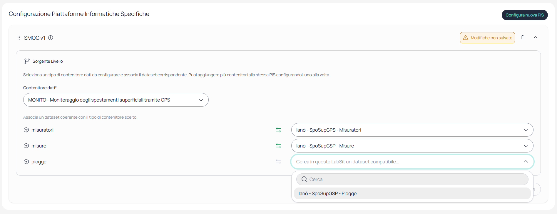 Form con il BADA spo_sup_gps selezionato come dataset compatibile