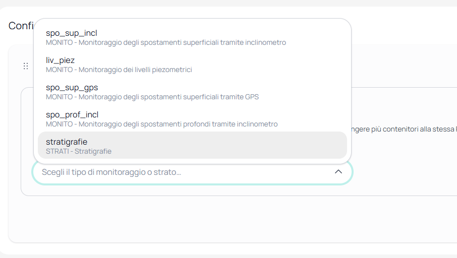 Menu a tendina con le componenti SMOG disponibili, opzione stratigrafie evidenziata