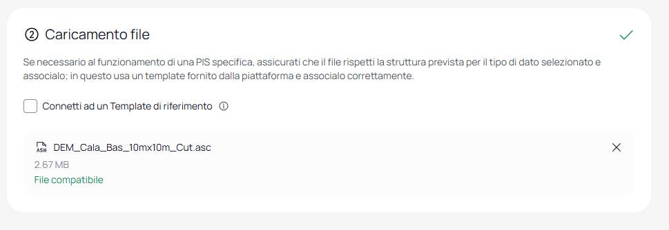 Sezione Caricamento file con il file .asc caricato correttamente