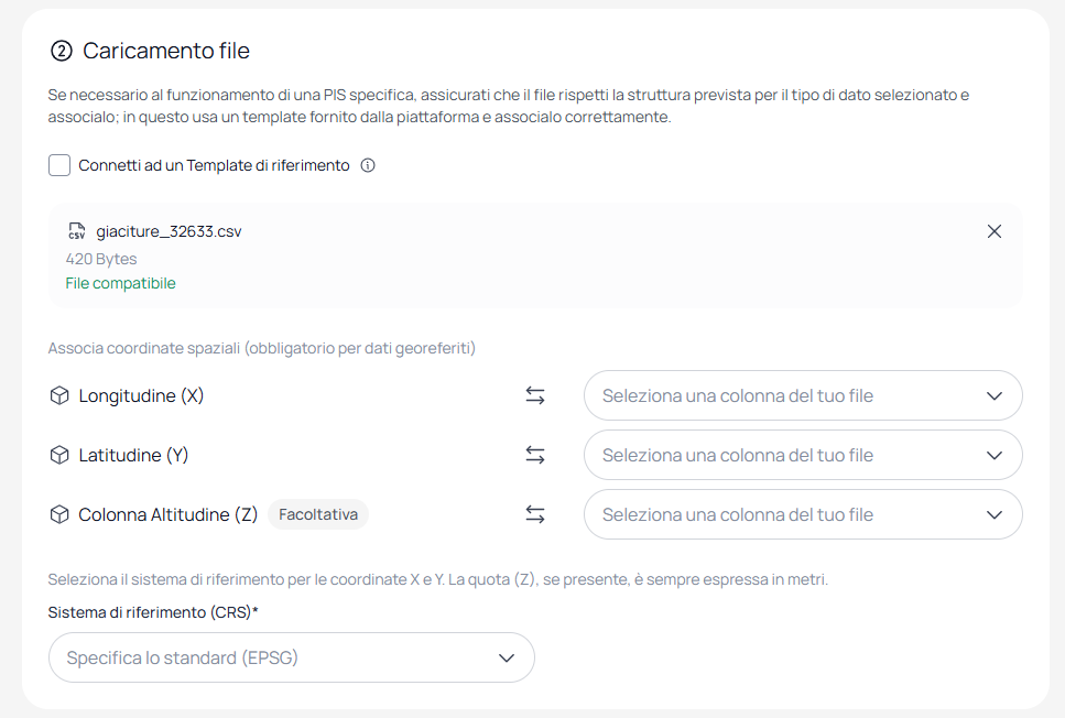 Sezione coordinate spaziali con i menu di selezione colonne vuoti
