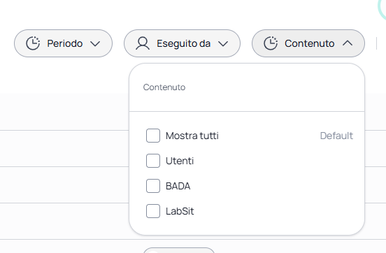 Menu filtro Contenuto con le opzioni disponibili