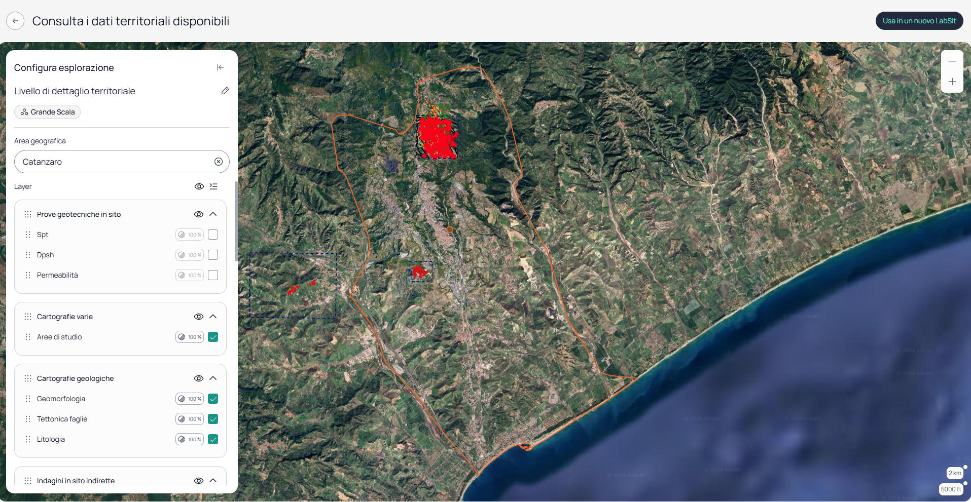 Mappa con layer disponibili per l'area di Catanzaro