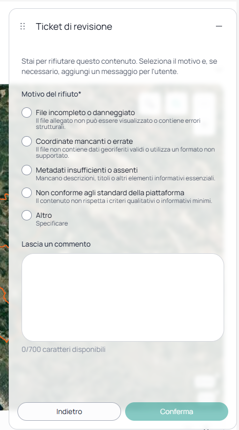 Finestra di dialogo con il campo Motivazione obbligatorio