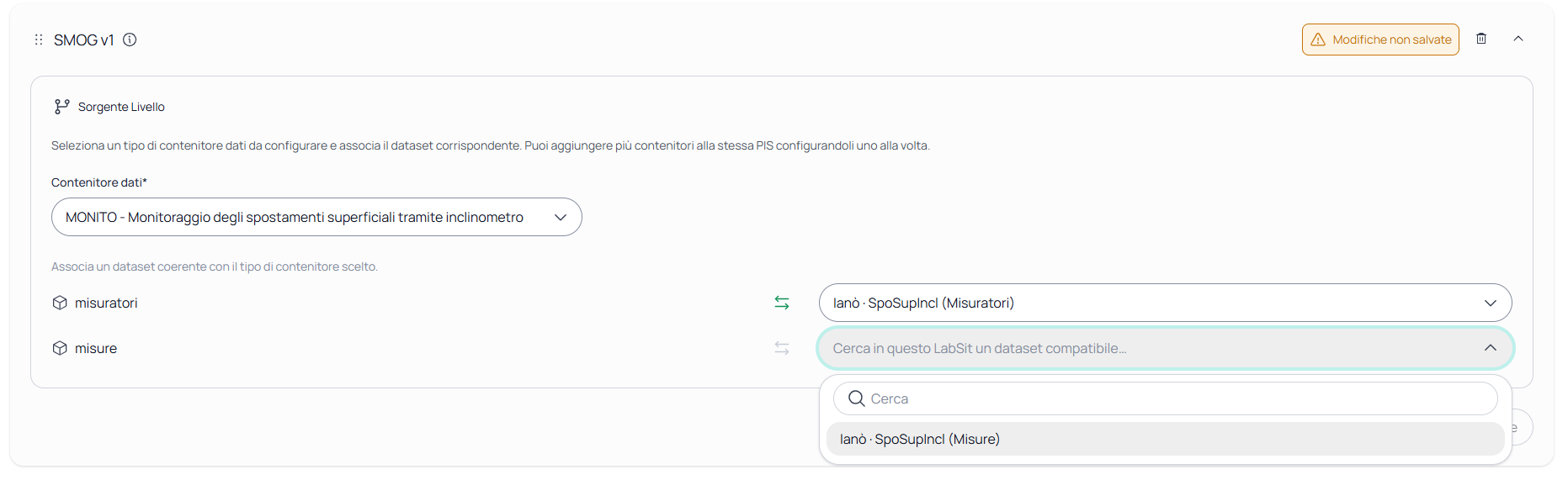 Form con il BADA spo_sup_incl selezionato come dataset compatibile
