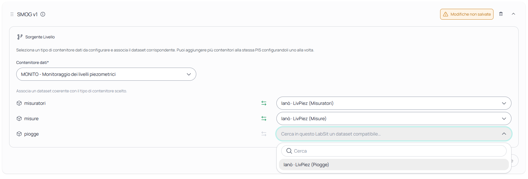 Form con il BADA liv_piez selezionato come dataset compatibile