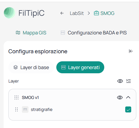 Pannello Layer generati con il gruppo SMOG v1 e il layer stratigrafie attivato