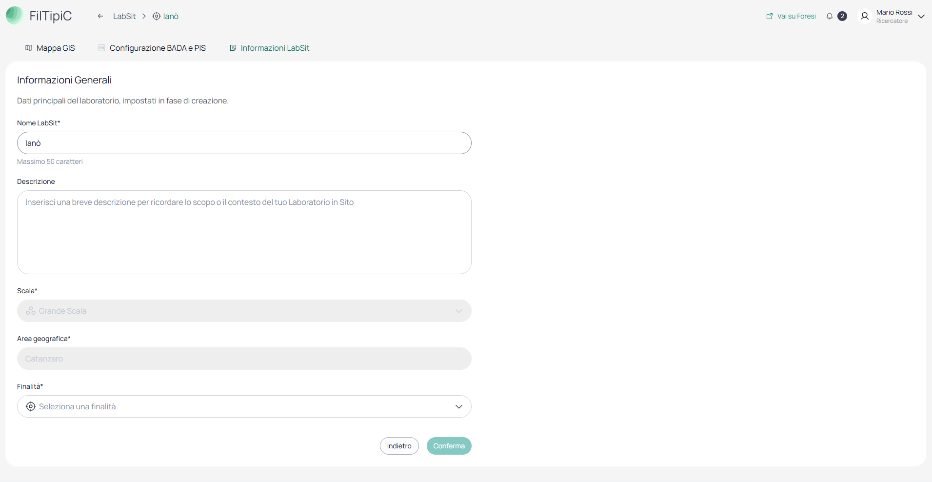 Form di modifica delle informazioni del LabSit