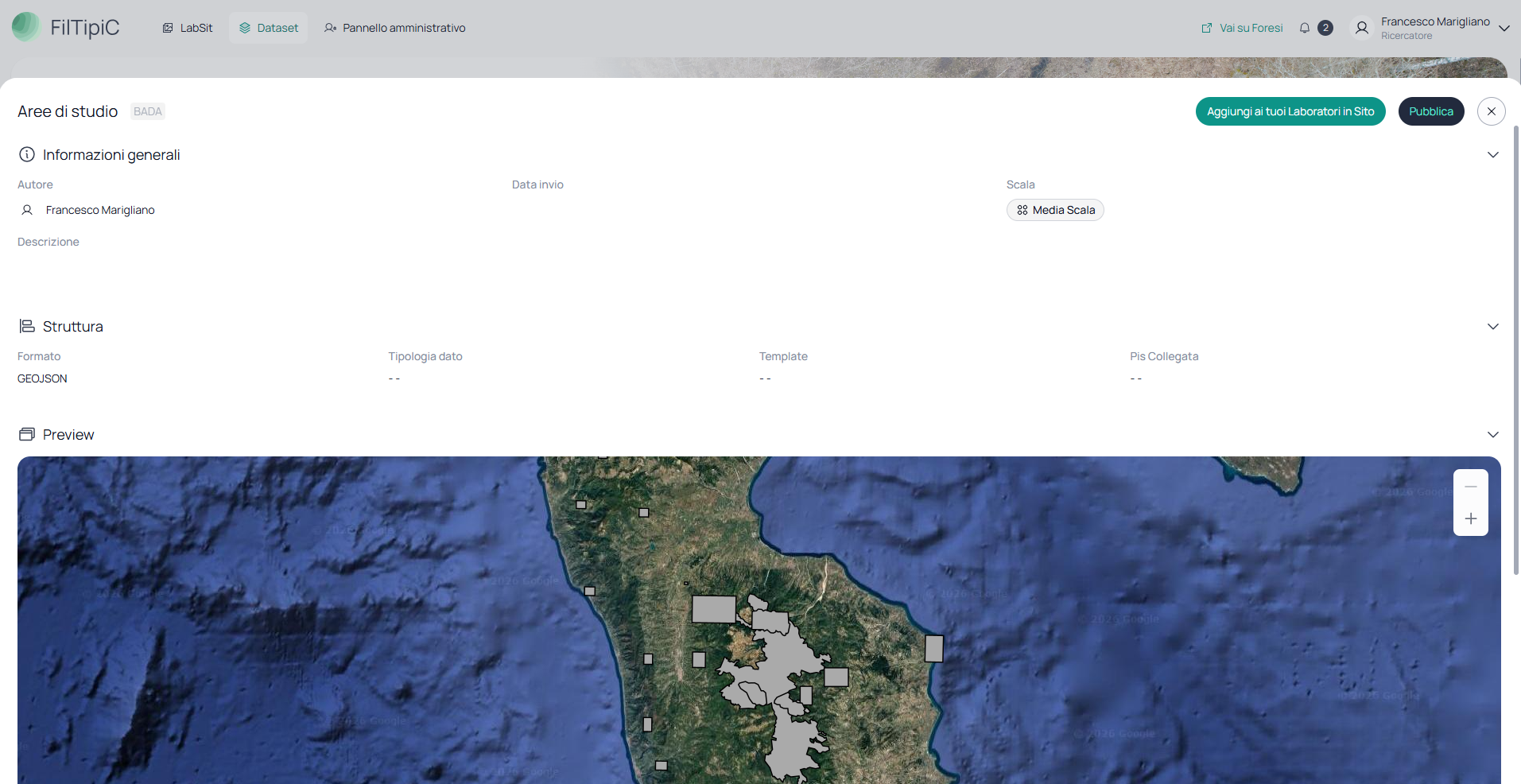 Pagina di dettaglio del BADA con la sezione Struttura (formato GEOJSON) e la Preview mappa