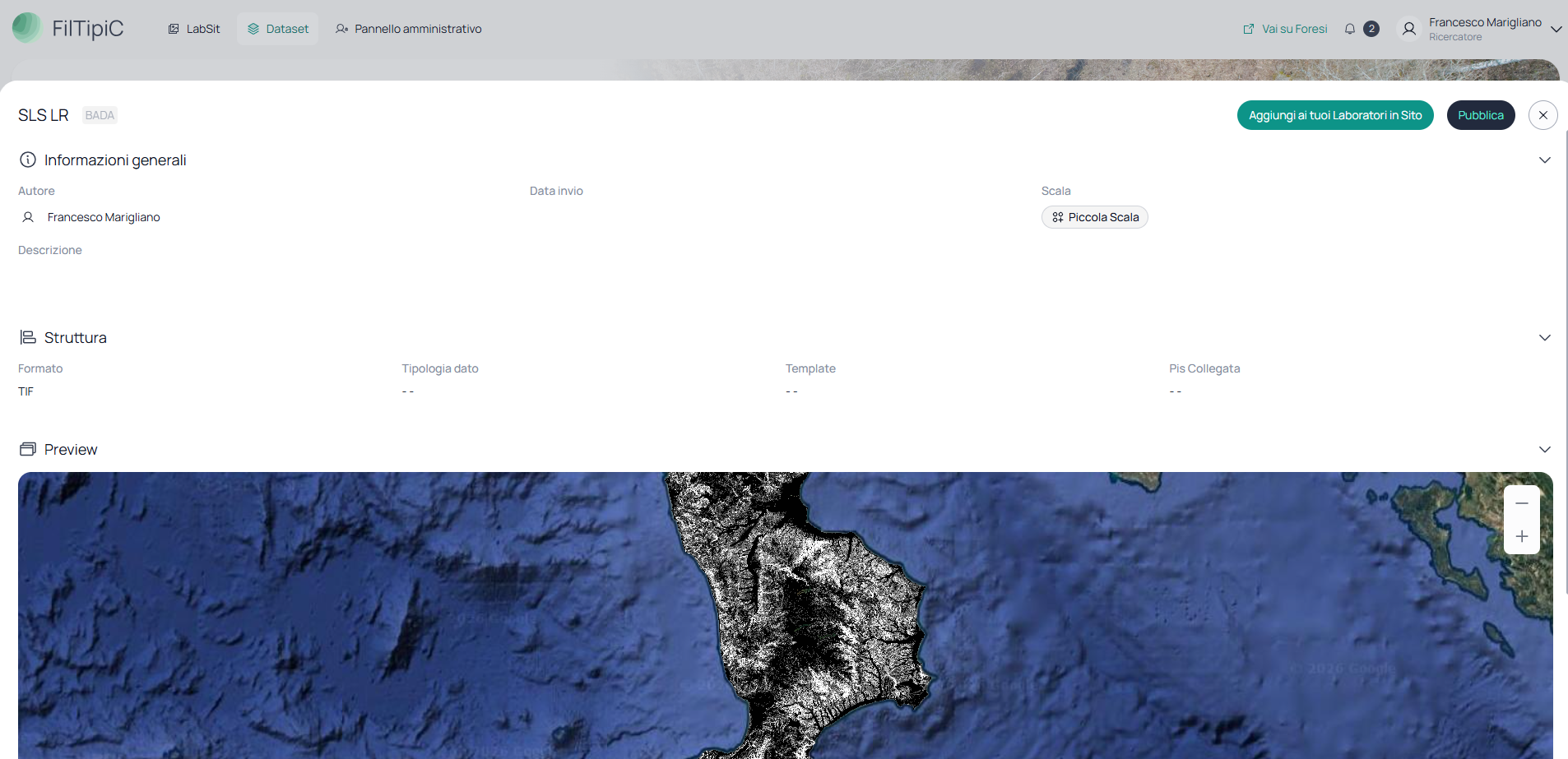 Pagina di dettaglio del BADA con la sezione Struttura (formato TIF) e la Preview mappa