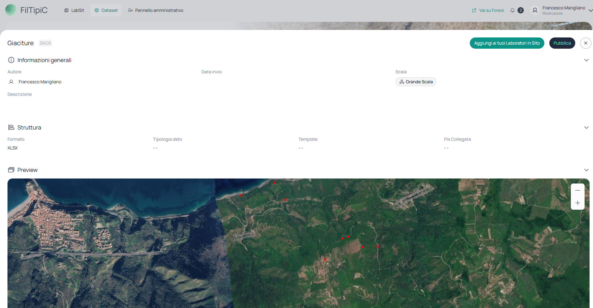Pagina di dettaglio del BADA con la sezione Struttura (formato XLSX) e la Preview mappa
