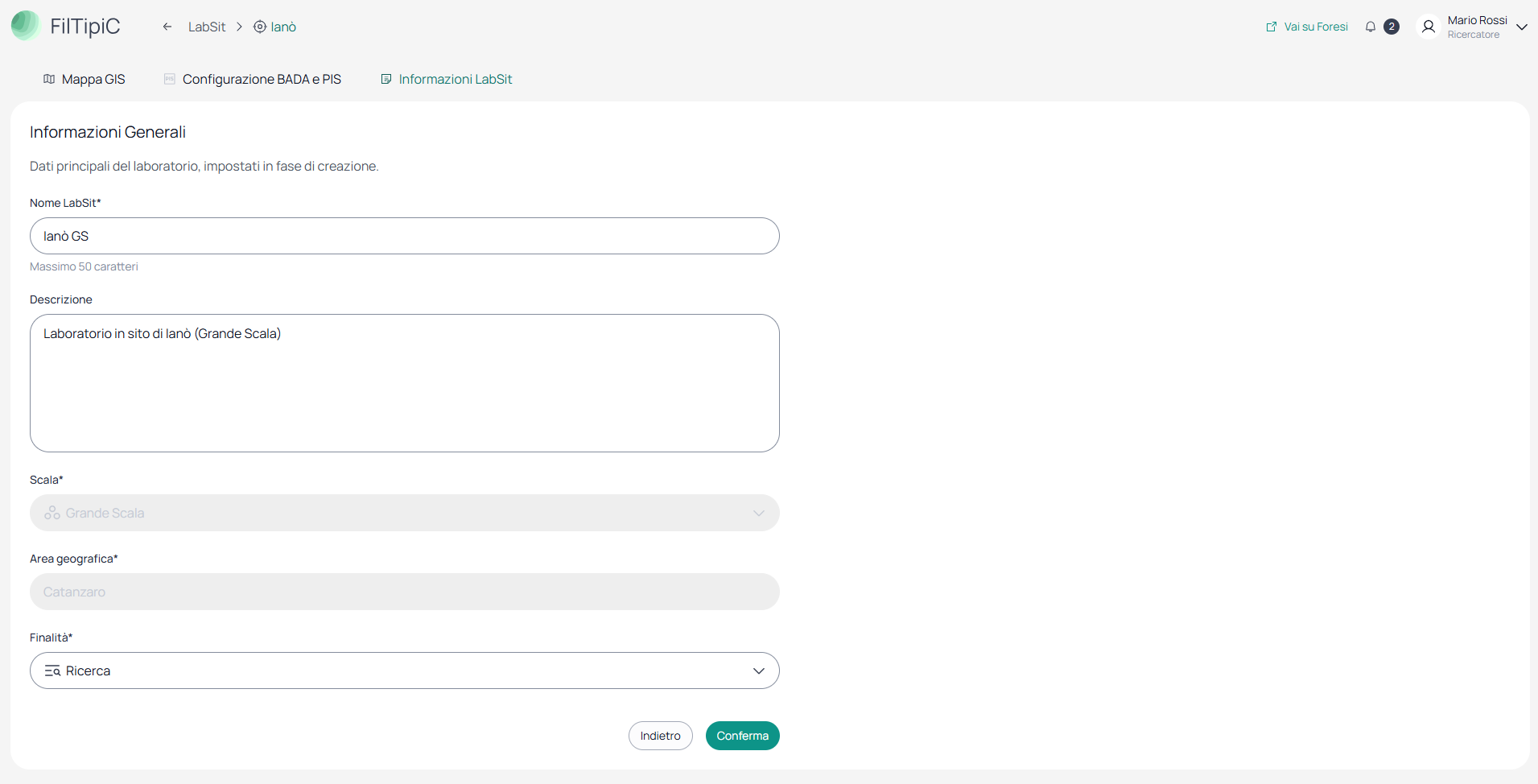 Form compilato con nuovo nome, descrizione e finalità