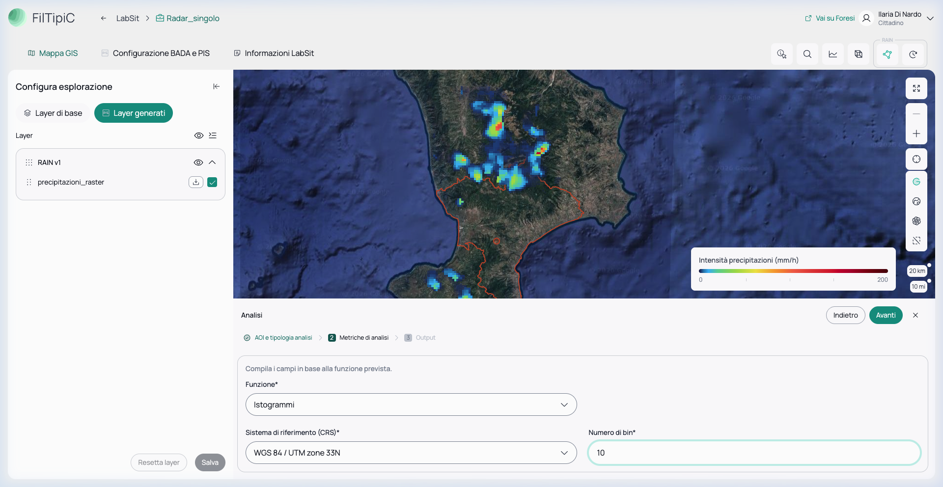 Schermata di configurazione dell'analisi Istogrammi