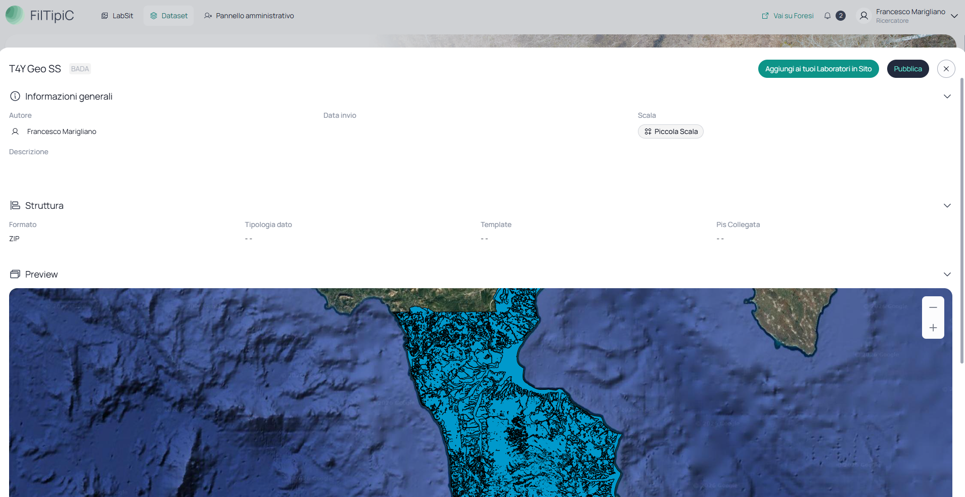 Pagina di dettaglio del BADA con la sezione Struttura (formato SHP) e la Preview mappa