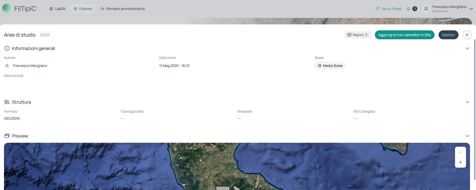 Pagina Gestisci BADA con le opzioni disponibili
