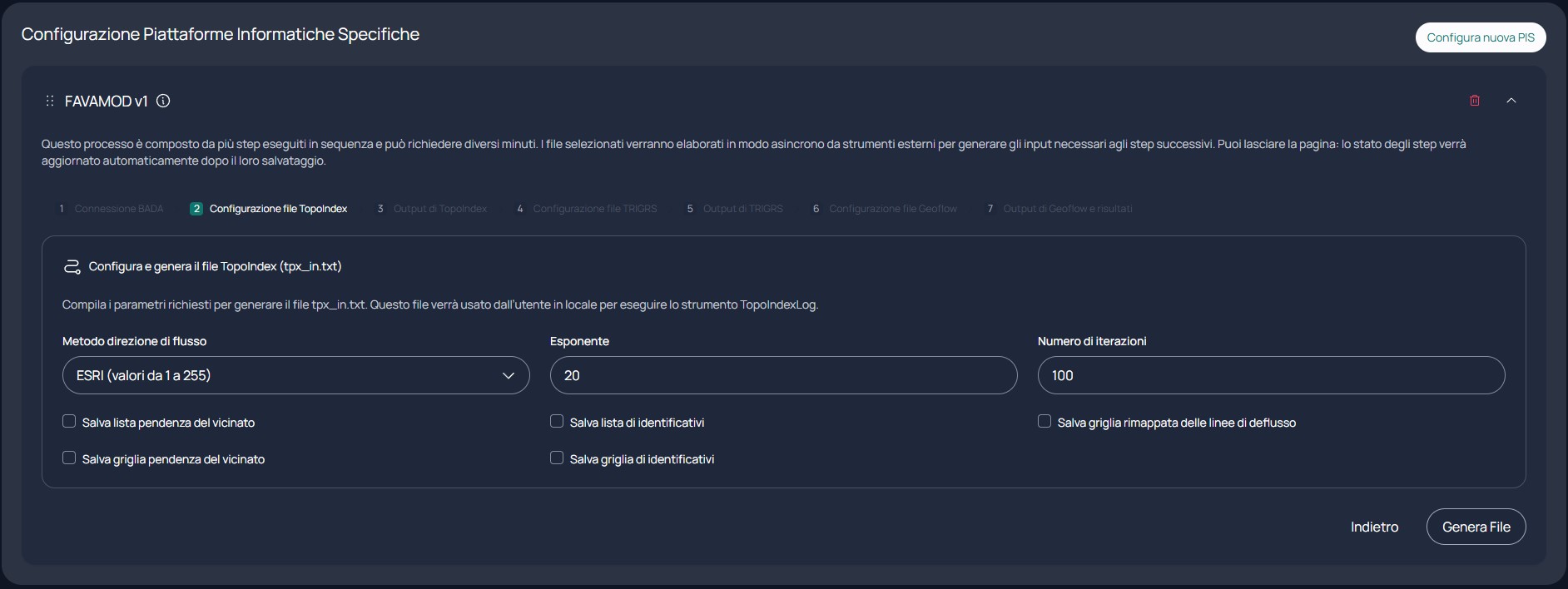 Form di configurazione parametri TopoIndex