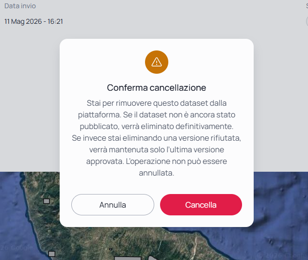 Finestra di conferma per la cancellazione della versione