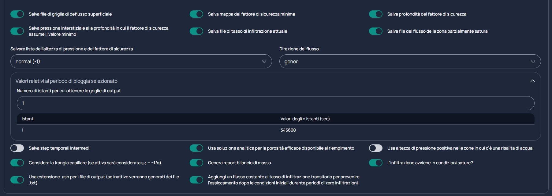 Form di configurazione parametri TRIGRS - Seconda parte