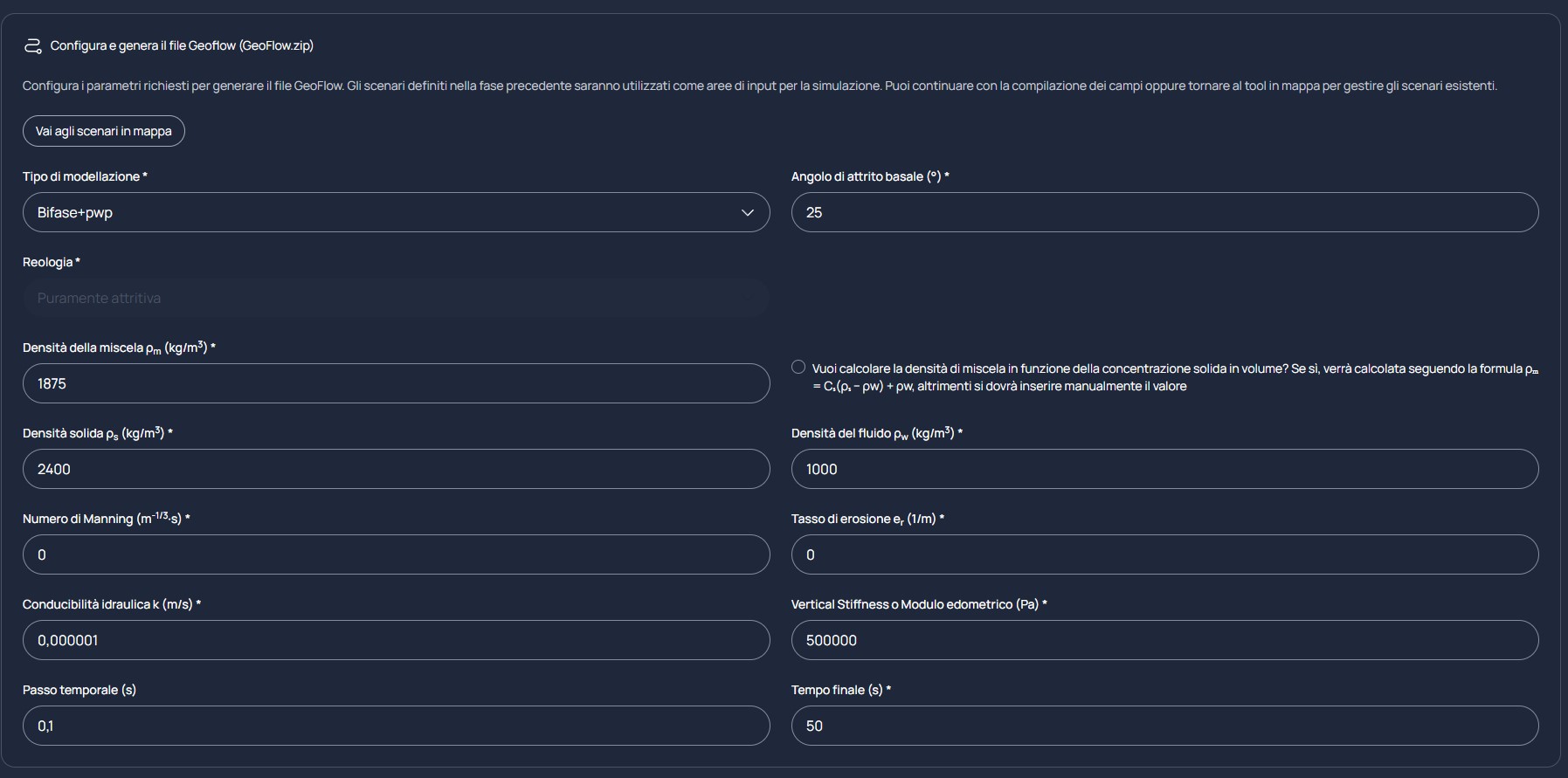 Form di configurazione parametri GeoFlow
