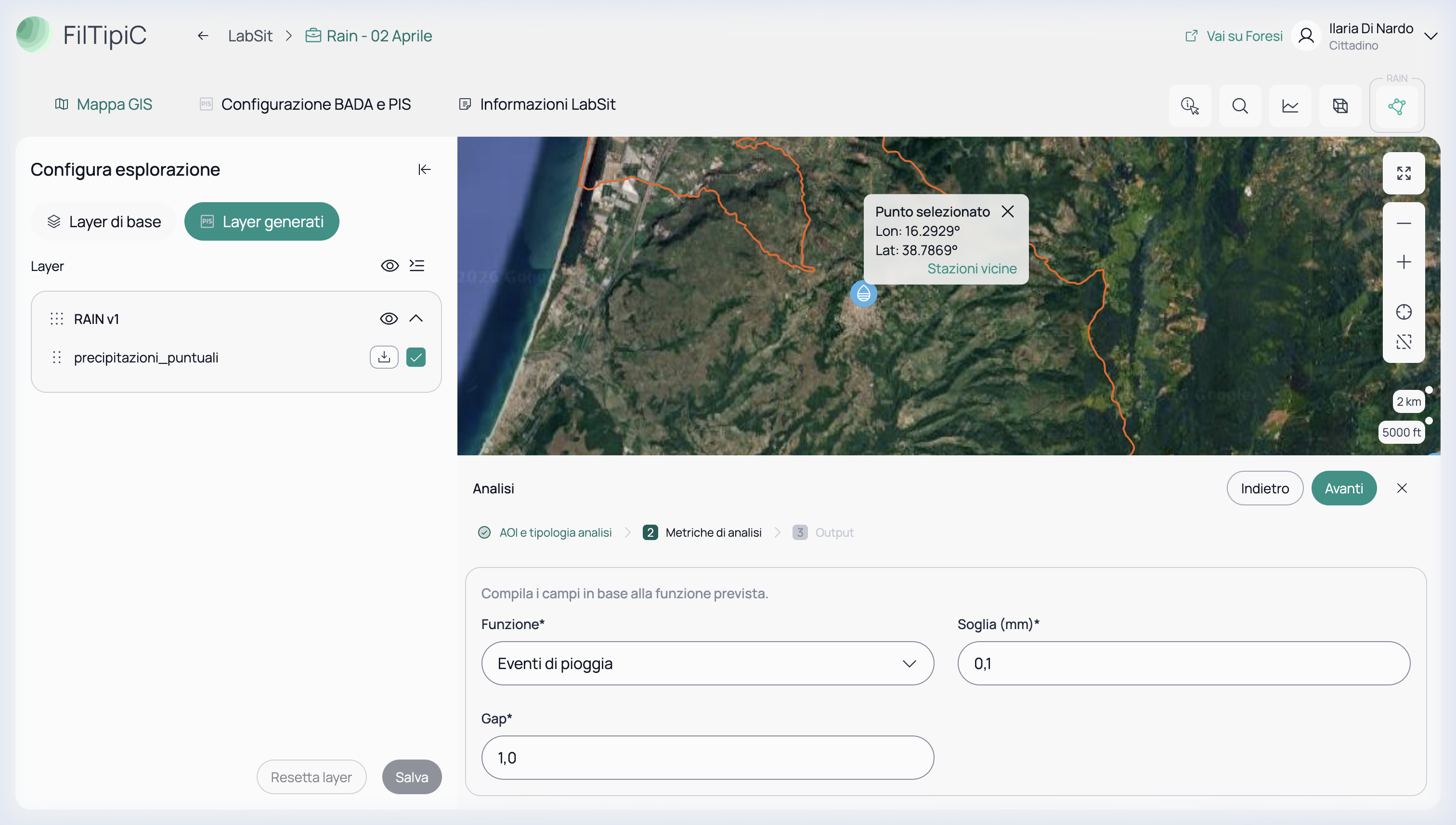 Configurazione dei parametri per l'analisi degli Eventi di Pioggia