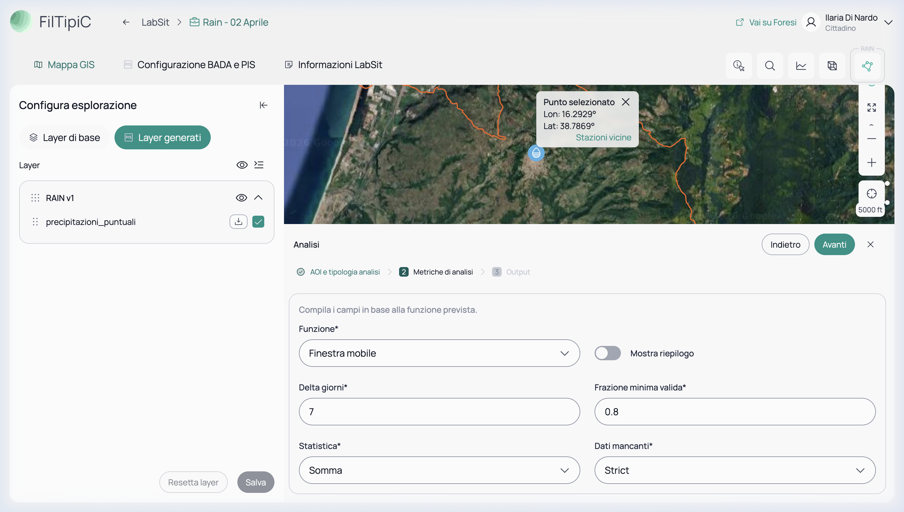 Configurazione dei parametri per l'analisi a Finestra Mobile
