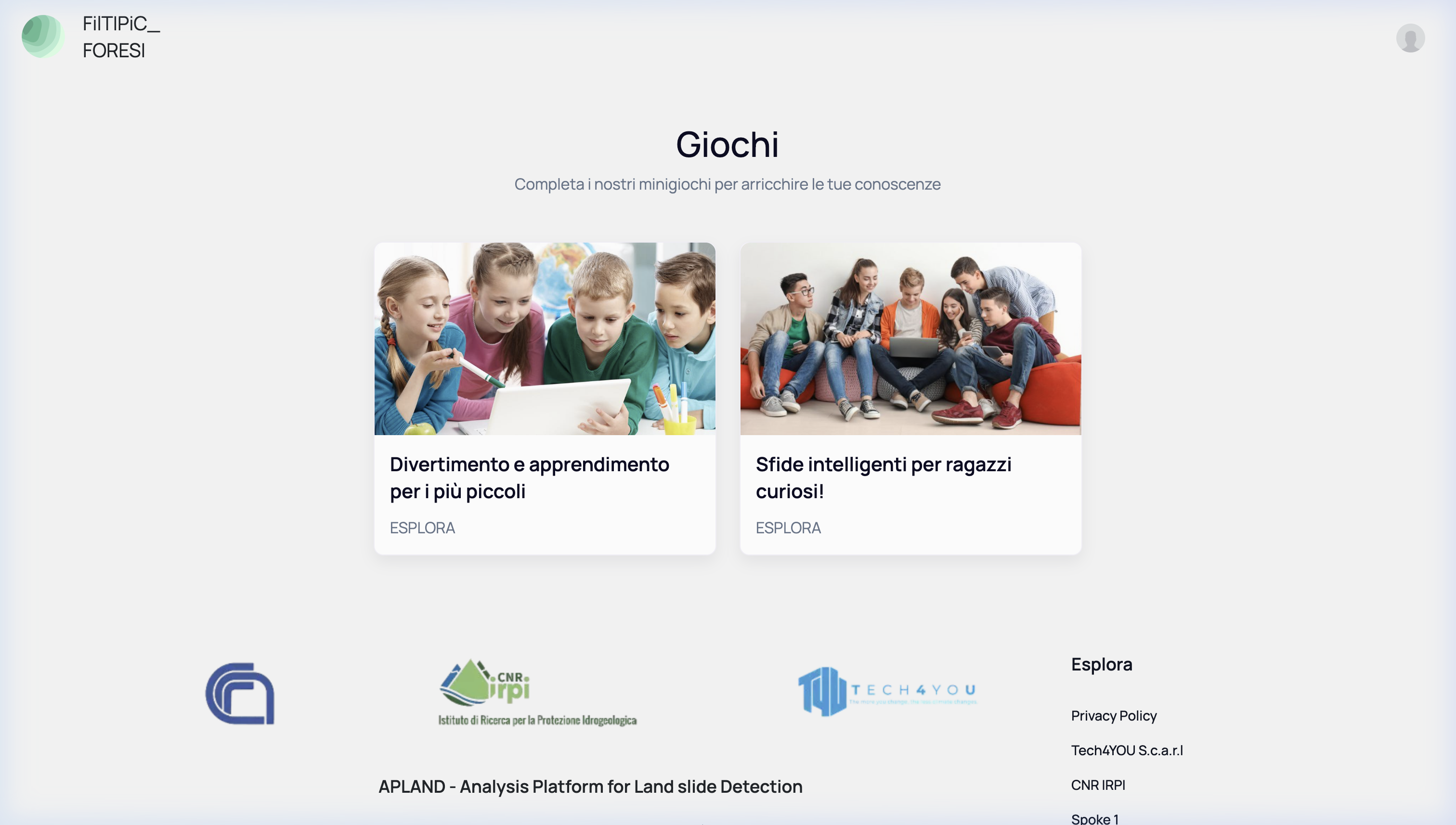 Schermata di selezione della tipologia di giochi