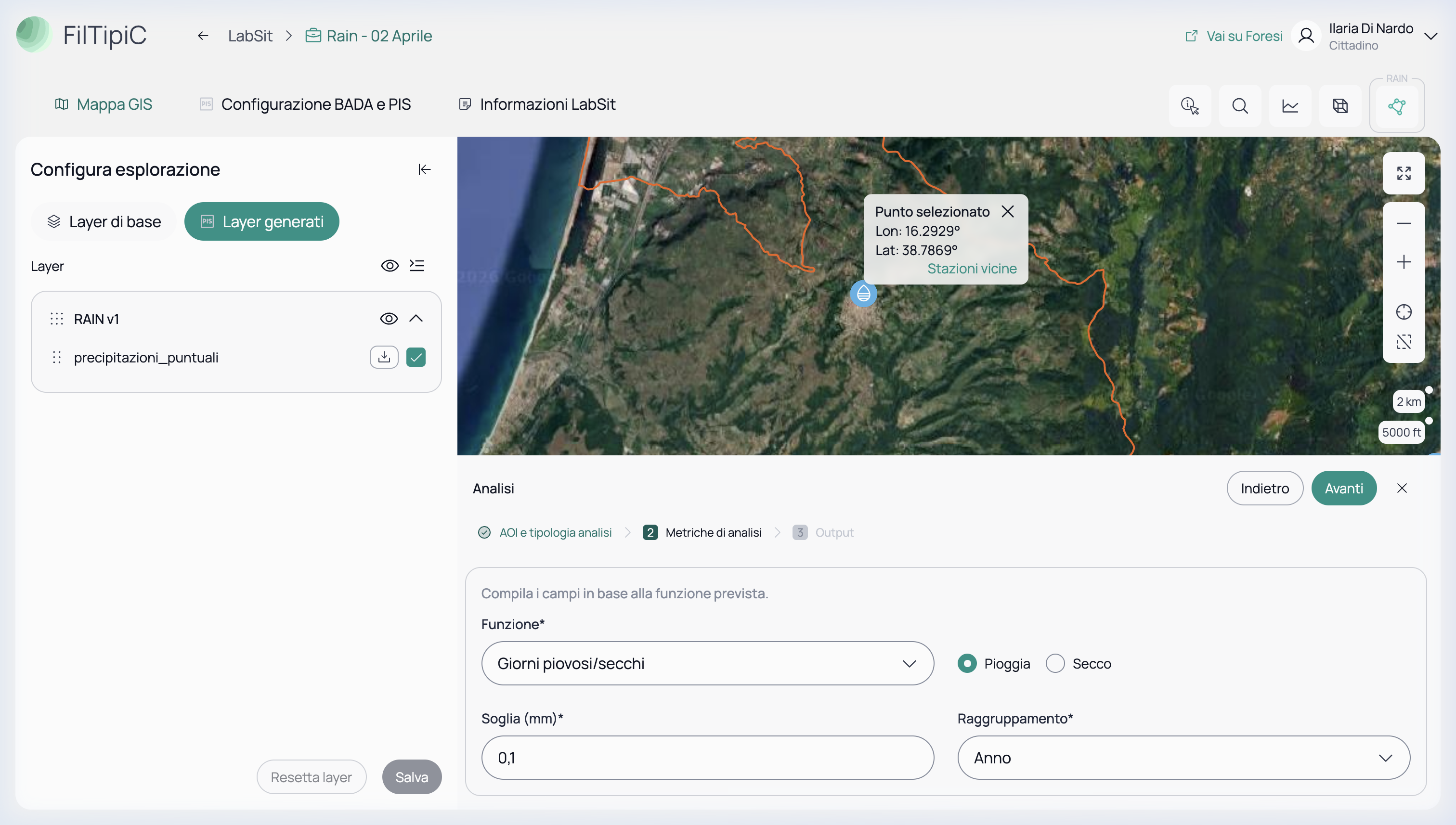 Configurazione dei parametri per la funzione Giorni Piovosi