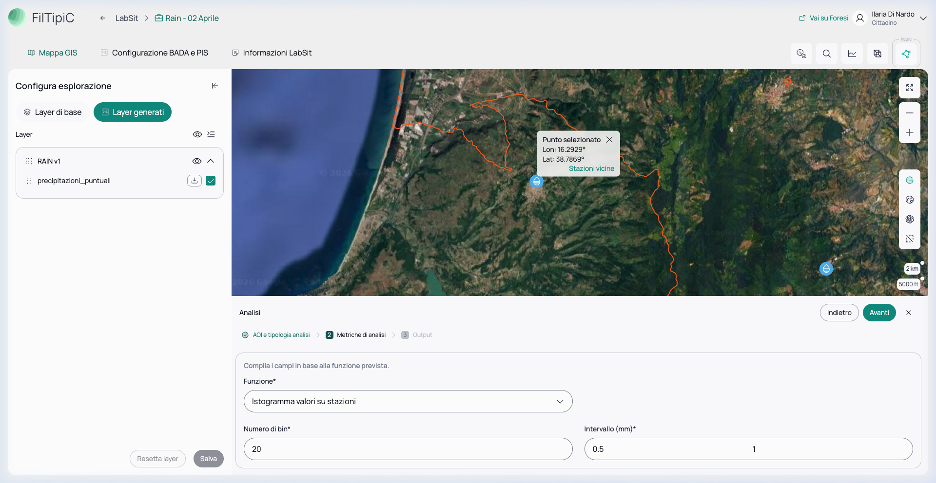 Configurazione dei parametri per l'analisi Istogramma Valori